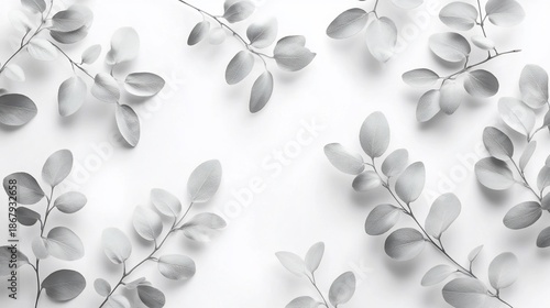 Monochrome eucalyptus leaves flatlay, white background, botanical design, website banner