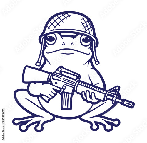 Cartoon frog in military helmet holding assault rifle ready for action on white background