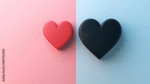 Red and black heart shaped icons on contrasting backgrounds