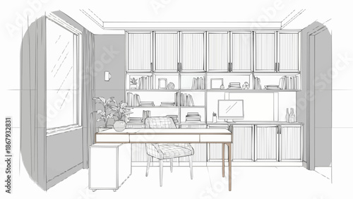 Modern Home Office Interior Design Sketch with Built-in Shelving.