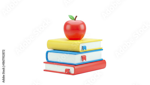 Stack of Colorful Books with a Red Apple on Top