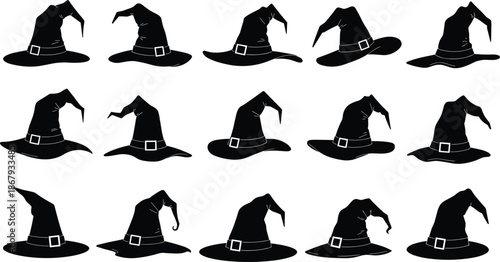 Witch hats collection cad drawing flat vector illustration, fifteen magical designs with curled brims and buckles, front view costume iconsWitch hats 
