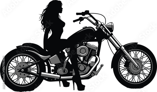Woman on Motorcycle Silhouette, Biker Lifestyle Vector, High Heels Riding Pose, Powerful Engine, Custom Bike, Stylish Graphic, Freedom on Motorcycle Silhouette, Biker 
