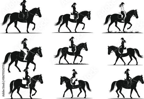 Woman riding horse silhouette vector, female equestrian illustration, horseback rider collection, horse riding poses art