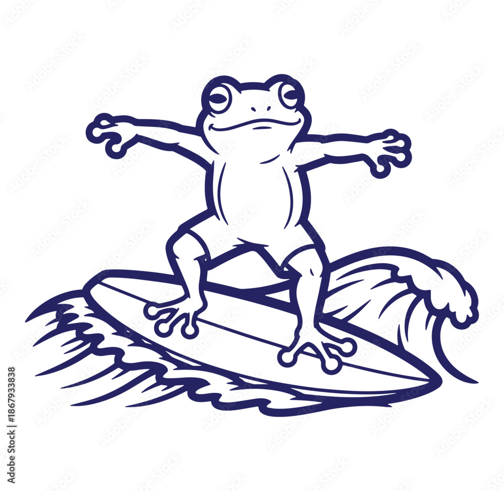 Fototapeta premium Cute cartoon frog surfing a wave on a surfboard with blue outline vector illustration