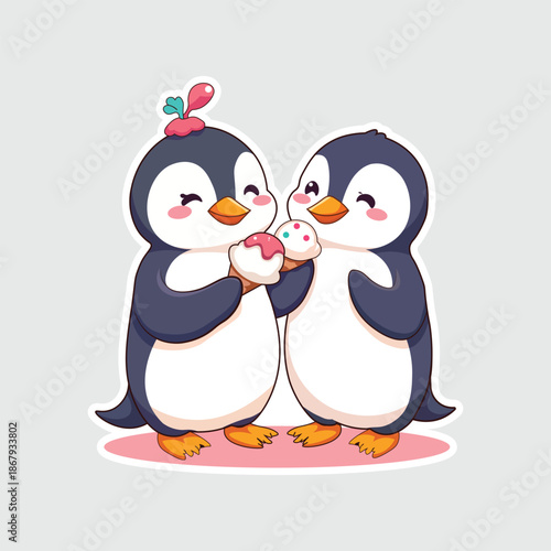 Cute couple of penguins eating ice cream cones, cartoon vector illustration. A flat vector sticker design of two happy penguins sharing ice cream. Perfect for Valentine's Day, 