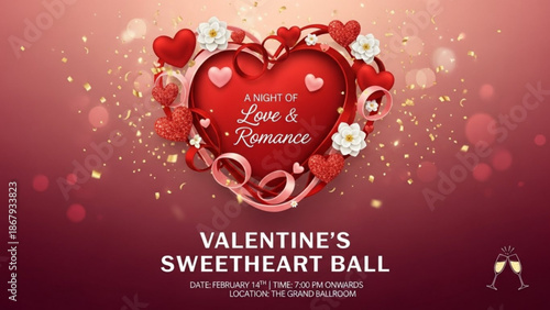 A vibrant red heart shaped decoration surrounded by flowers and hearts celebrating Valentine's Sweetheart Ball