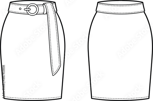 Women’s pencil skirt flat sketch with belt and buckle detail, fitted waistband, knee length silhouette, front and back apparel illustration
