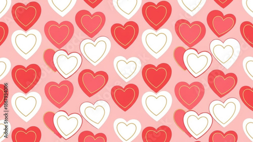 A vibrant pattern of red and white hearts on a pastel pink background viewed from directly above