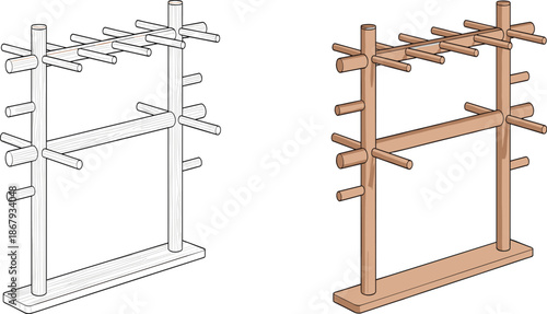 Wooden drying rack, schematic and realistic view, DIY stand, home organization, vertical frame, pegs, woodworking, minimalist, indoor furniture, handmade