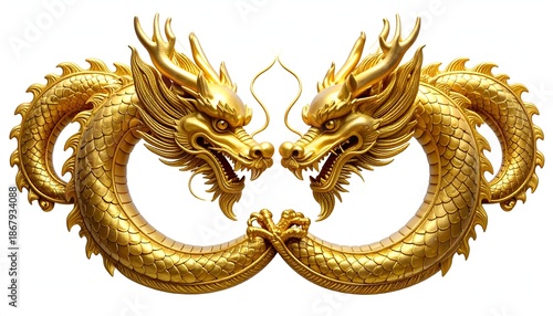 Two golden dragons coiled in a symmetrical design, facing each other