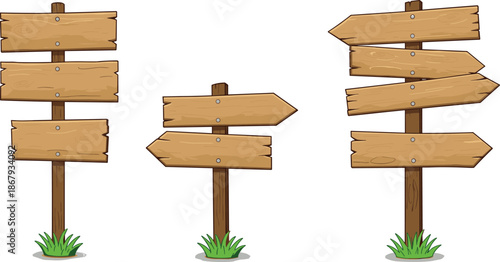 Wooden signpost with multiple directional arrows, navigation guidance, decision making concept, blank road signs, wayfinding symbol, crossroads choice, outdoor signage illustration