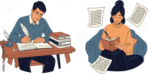 Writers creating stories, man writing at desk, woman journaling on couch, literature creativity, storytelling process, books, education, learning, imagination, art