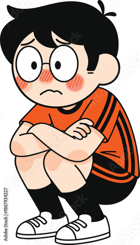 Worried cartoon character, anxious expression, squatting pose, emotional stress, flushed cheeks, black hair, striped shirt, discomfort, mental health, illustration