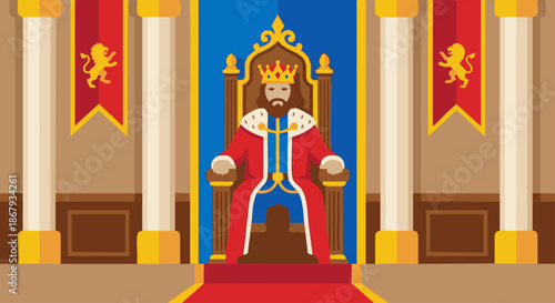 King Sitting on Throne
A flat vector illustration of a majestic king sitting on an ornate throne, wearing a crown and royal robe. The throne room has simple pillars and banners. 