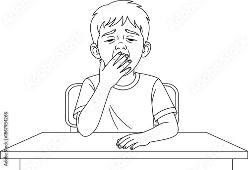 Yawning child, tired student, classroom boredom, fatigue expression, sleepy kid, school stress, desk posture, short hair, hand gesture, study moment