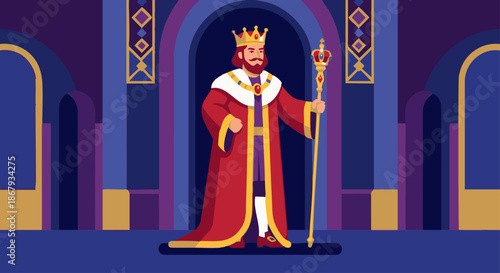  King Holding Royal Scepter
A flat vector illustration of a king standing proudly while holding a royal scepter and wearing a crown. Simple palace background. 