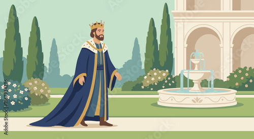 King in Royal Garden
A flat vector illustration of a king walking calmly in a royal garden. Trees, fountains, and palace elements appear in the background. 
