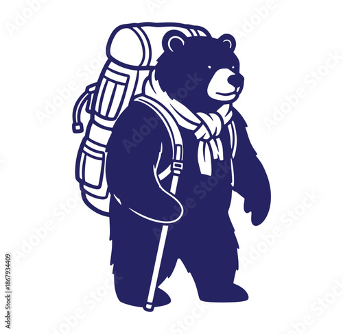 Illustrated bear hiking with backpack and trekking pole in a simple flat design