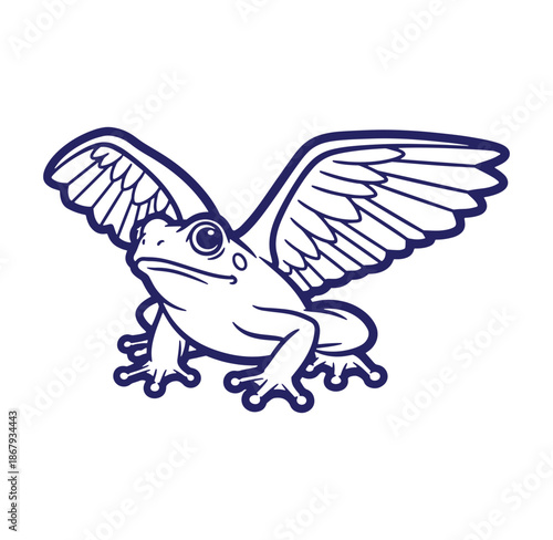 Line art illustration of a whimsical frog with elegant wings soaring gracefully upwards.