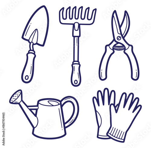 Line art illustration of garden tools including trowel rake shears watering can and gloves