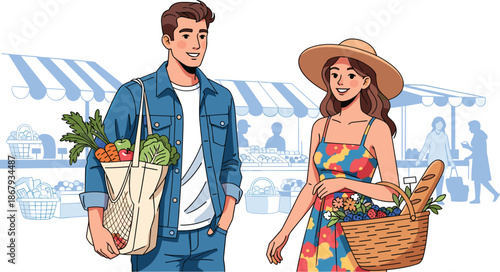 Young couple shopping together at outdoor farmers market with fresh vegetables, organic food, eco bags, healthy lifestyle, sustainable living, summer style