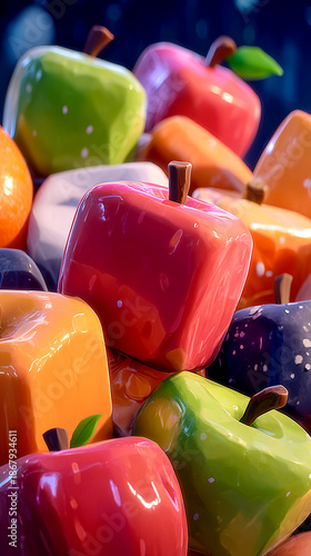 Colorful geometric fruits in vibrant lighting setting night contrast