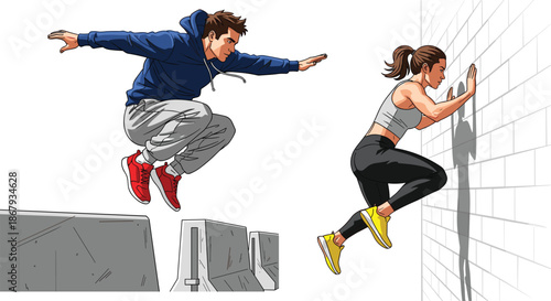 Young man and woman practicing parkour, urban free running, jumping over obstacles, wall climbing, extreme sport, active lifestyle, fitness training