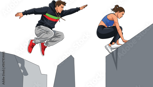 Young man and woman practicing parkour, urban extreme sport, jumping and climbing obstacles, outdoor fitness training, active lifestyle, agility, street workout