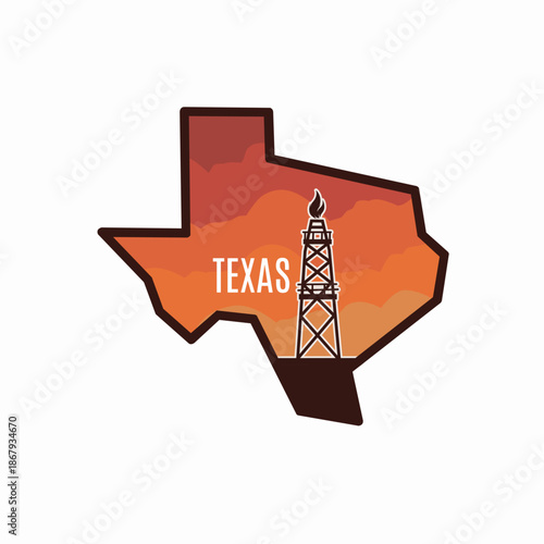 Texas Border With Flame Oil & Gas Tower in Sunset Scenery Perfect for Print, Apparel, etc