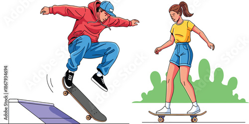 Young man performing skateboard trick on ramp, teenage girl riding skateboard on street, outdoor activity, urban lifestyle, extreme sports, recreation