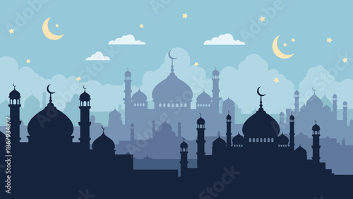 Silhouette of a mosque cityscape at dusk with crescent moons and stars in the sky