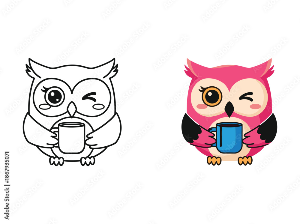 Obraz premium Crying owl drinking coffee or tea from mug