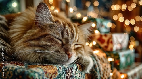 Cozy Indoor Ginger Cat Sleeping Peacefully During Festive Holiday Season