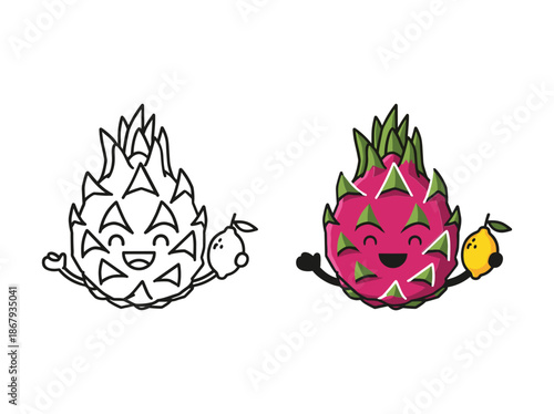 Cartoon dragon fruit character with smiling face