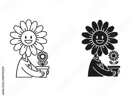 Happy flower characters holding potted plants