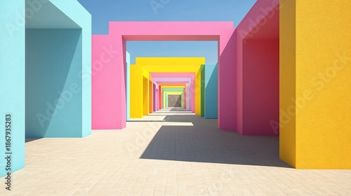Colorful pathway, geometric architecture, sunny day, outdoor design, advertising