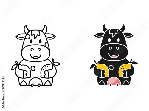 Cute cartoon cow character with milk products