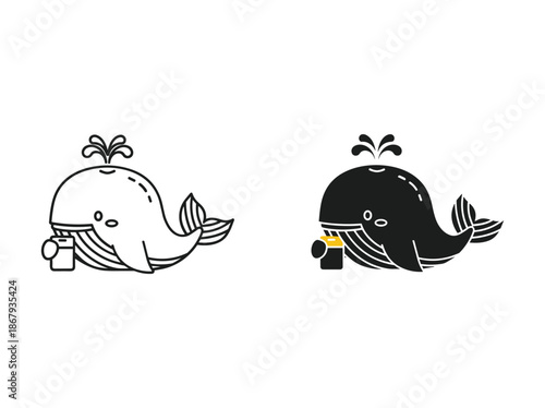 Cute cartoon whale illustration with coffee cup