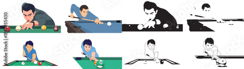 Billiards game with players aiming and striking balls