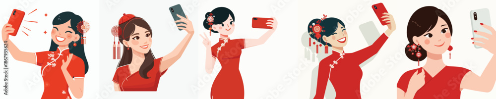 Naklejka premium vector half body of woman standing happily taking selfie photo during Chinese New Year