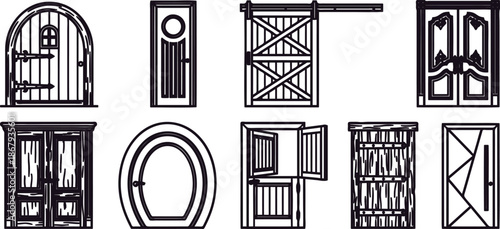 A set of various wooden doors and gates with different designs and shapes for architectural or decorative use