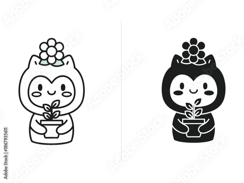 Cute cartoon cat characters holding plants in pots