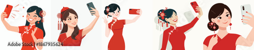 vector half body of woman standing happily taking selfie photo during Chinese New Year