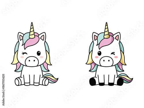 Cute cartoon unicorn with pastel hair and golden horn