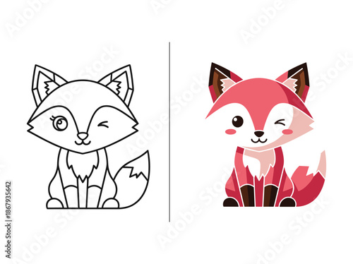 Cute cartoon fox illustration with coloring page