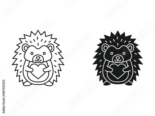 Cute hedgehog holding heart icon set