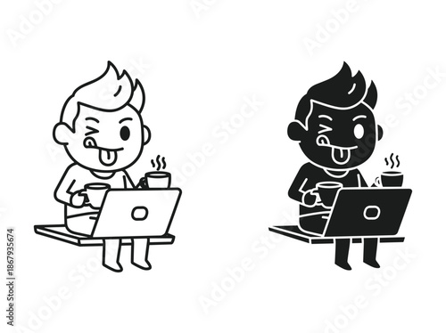 Cartoon characters working on laptops with coffee