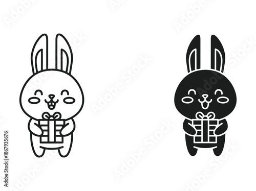 Cute cartoon rabbits holding gifts in black and white