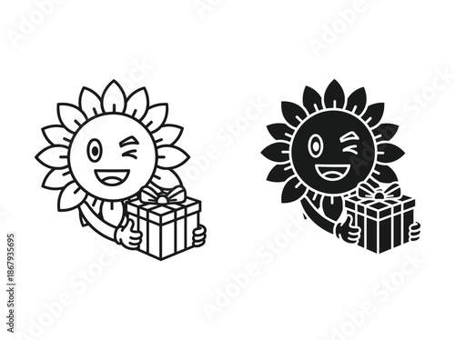 Happy sun characters holding gift boxes in black and white